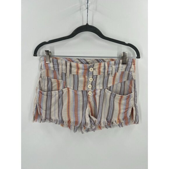 Free People Women Size 0 Striped Linen Blend Button Fly Frayed Hem Shorts - Picture 9 of 12